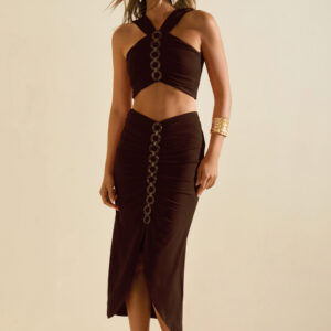 Saia Morena Rosa Reta Alta Midi Marrom