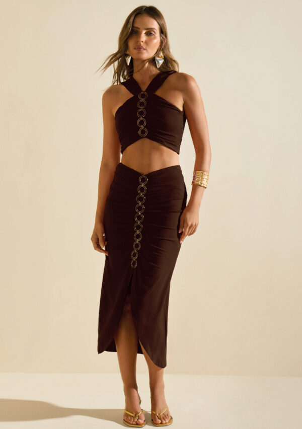 Saia Morena Rosa Reta Alta Midi Marrom