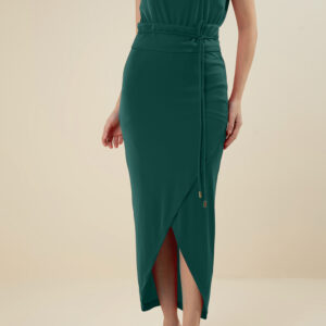 Vestido Morena Rosa Ajustado Decote Canoa Manga Curta Midi Verde