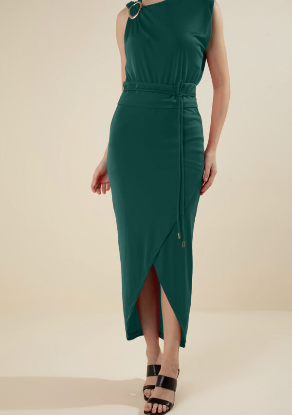 Vestido Morena Rosa Ajustado Decote Canoa Manga Curta Midi Verde