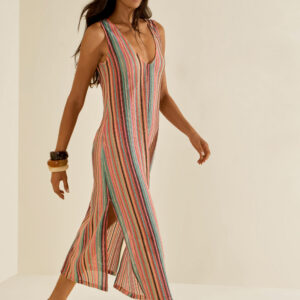 Vestido Morena Rosa Ajustado Decote V Sem Manga Midi Rosa