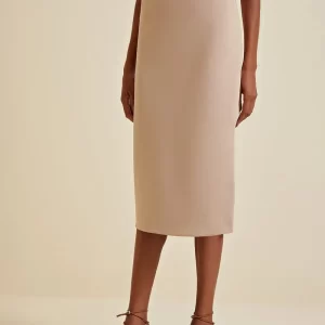 Saia Morena Rosa Midi Reta Com Fenda Bege