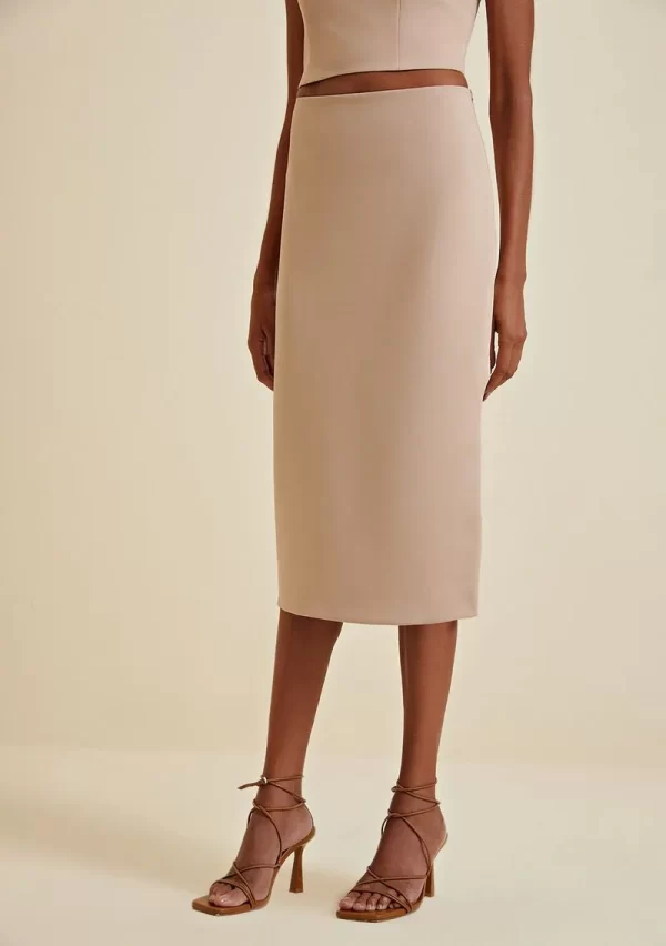 Saia Morena Rosa Midi Reta Com Fenda Bege