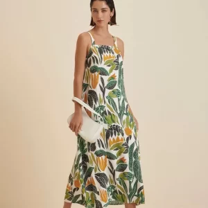 Vestido Morena Rosa Midi Decote Reto Com Faixa