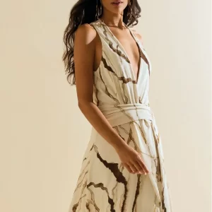 Vestido Morena Rosa Ajustado Decote Transpassado Sem Manga Midi Off White