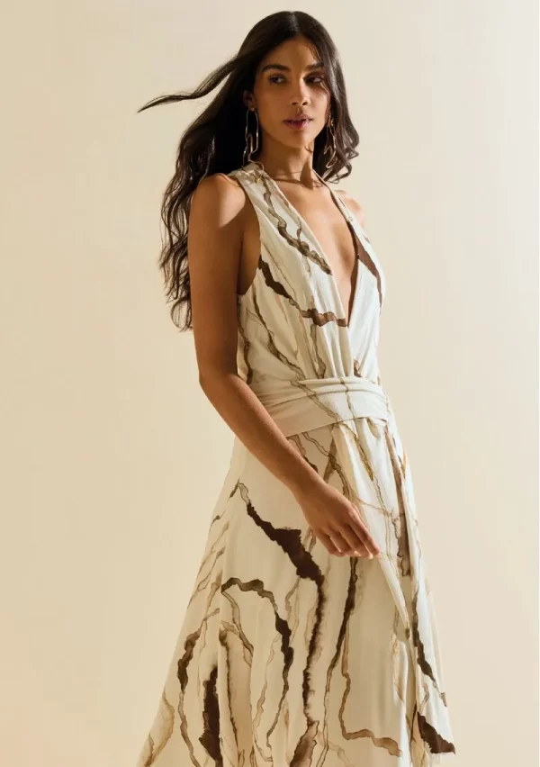 Vestido Morena Rosa Ajustado Decote Transpassado Sem Manga Midi Off White