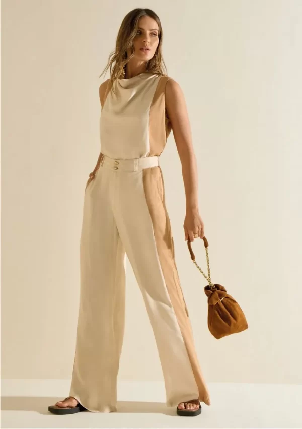 Calça Morena Rosa Pantalona Alta Bege