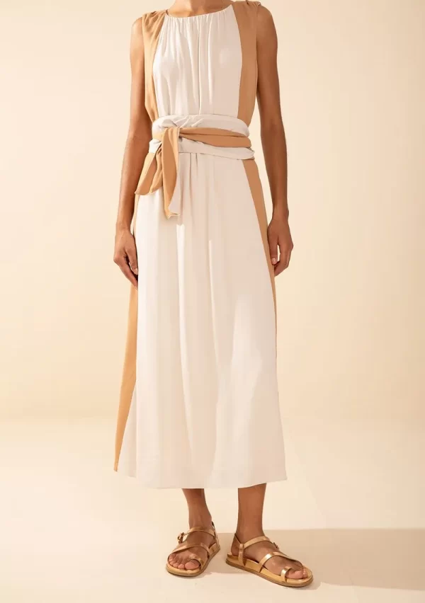 Vestido Morena Rosa Solto Decote Canoa Sem Manga Midi Bege