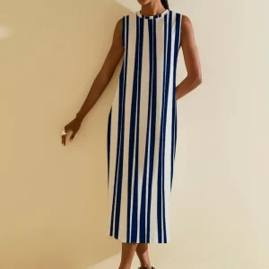 Vestido Morena Rosa Solto Decote Careca Sem Manga Midi Bege