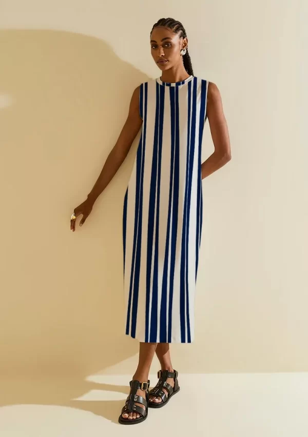 Vestido Morena Rosa Solto Decote Careca Sem Manga Midi Bege